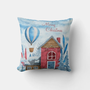 Christmas Blue & Red Winter Village & Animals  Cushion