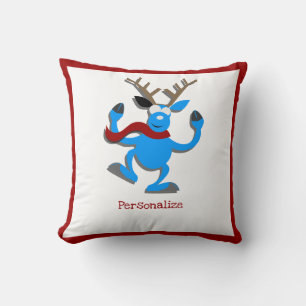 Christmas Blue Reindeer Red Border Personalise Cushion