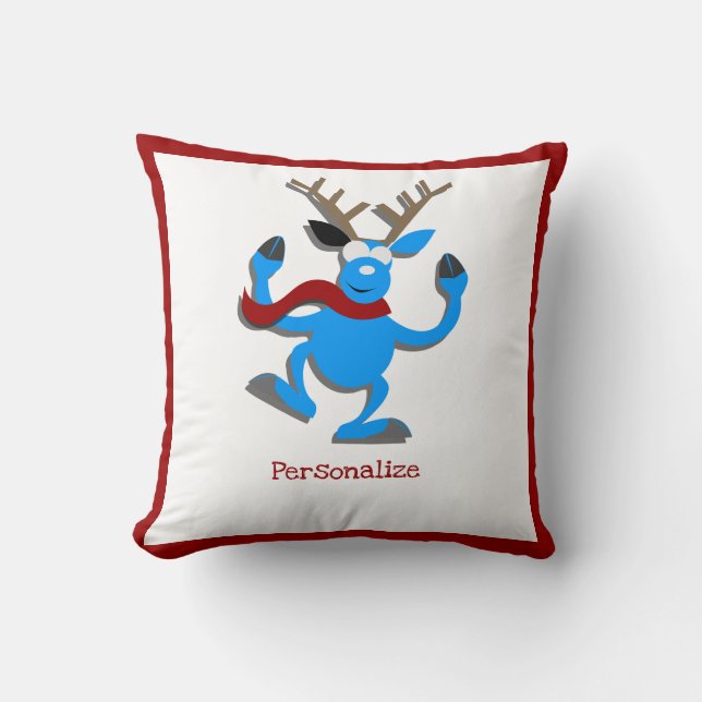 Christmas Blue Reindeer Red Border Personalise Cushion (Front)