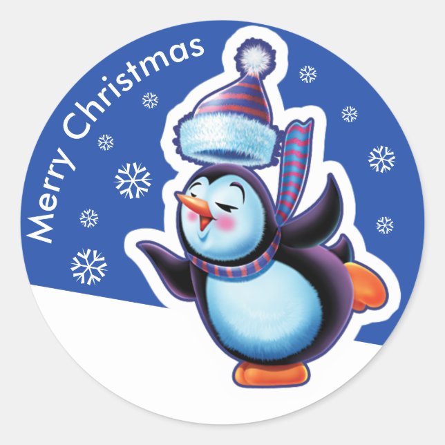 Christmas blue round sticker Penguin skating. (Front)