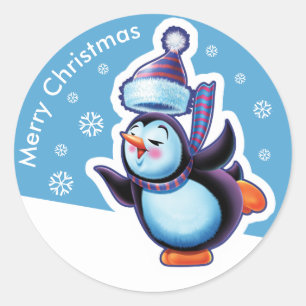 Christmas blue round sticker Penguin skating.