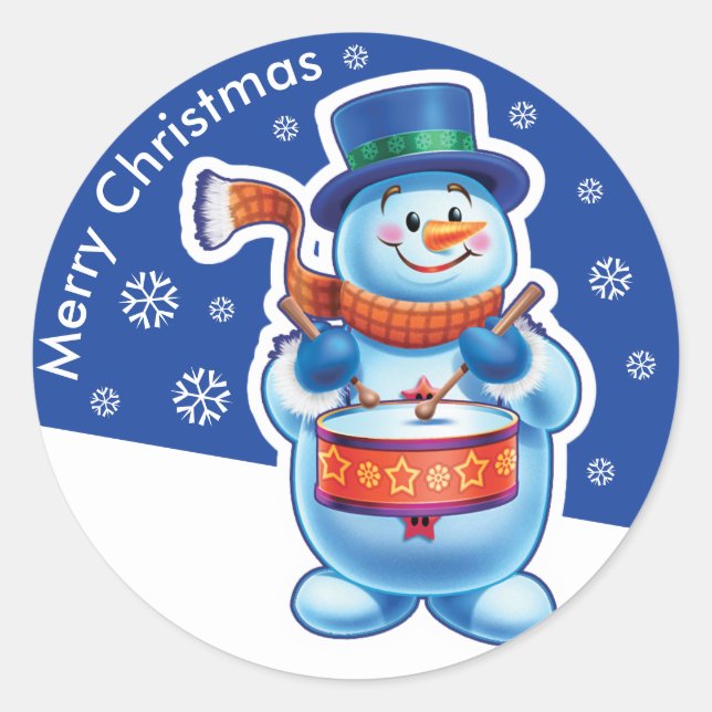 Christmas blue round sticker Snowman drummer. (Front)
