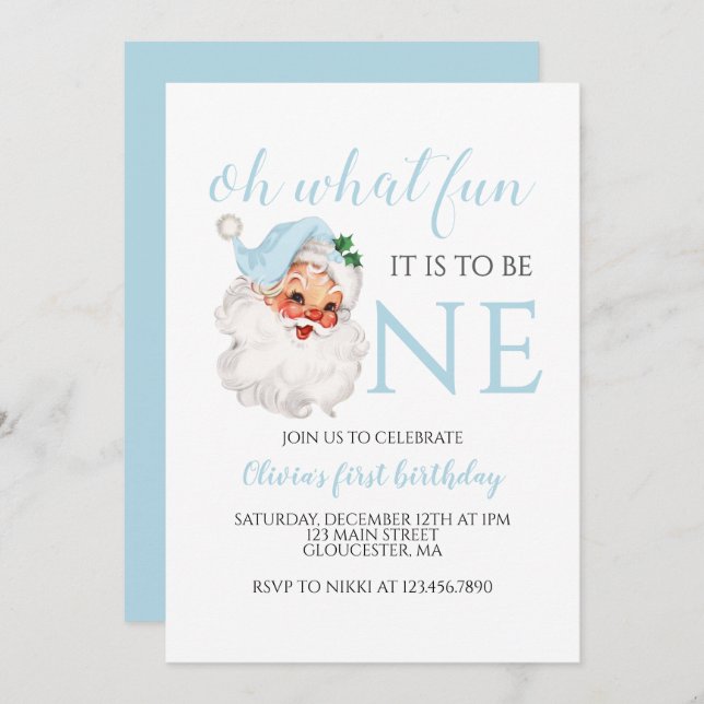Christmas blue Santa First Birthday Invitation (Front/Back)
