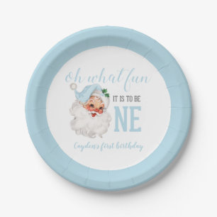 Christmas Blue Santa First Birthday Paper Plate