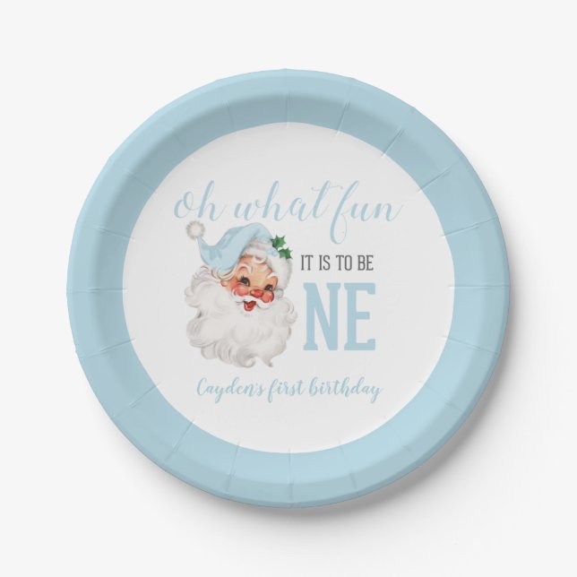 Christmas Blue Santa First Birthday Paper Plate (Front)