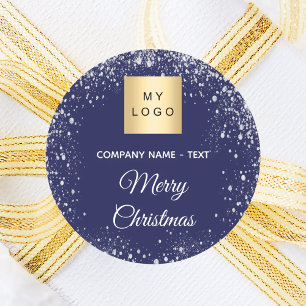 Christmas blue silver glitter business logo classic round sticker