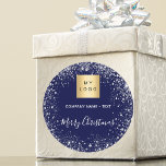 Christmas blue silver glitter business logo classic round sticker<br><div class="desc">A classic navy blue background,  decorated with faux silver glitter,  sparkles. Personalise and add your business,  company logo and a text.  Text: Merry Christmas written with a modern hand letteres style script.</div>