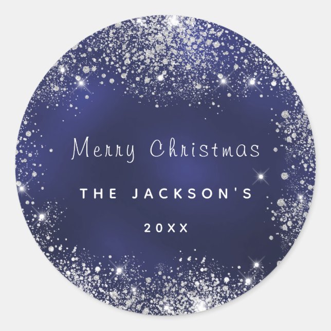 Christmas blue silver glitter classic round sticker (Front)