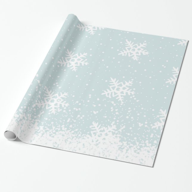Christmas Blue Sky Snowflakes Falling Snow Holiday Wrapping Paper (Unrolled)