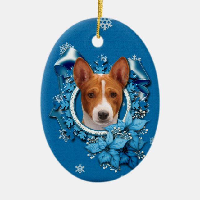 Christmas - Blue Snowflake - Basenji Ceramic Tree Decoration (Front)