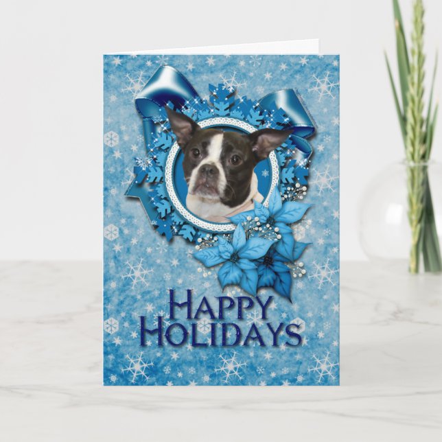 Christmas - Blue Snowflake - Boston & Rat Terrier Holiday Card (Front)