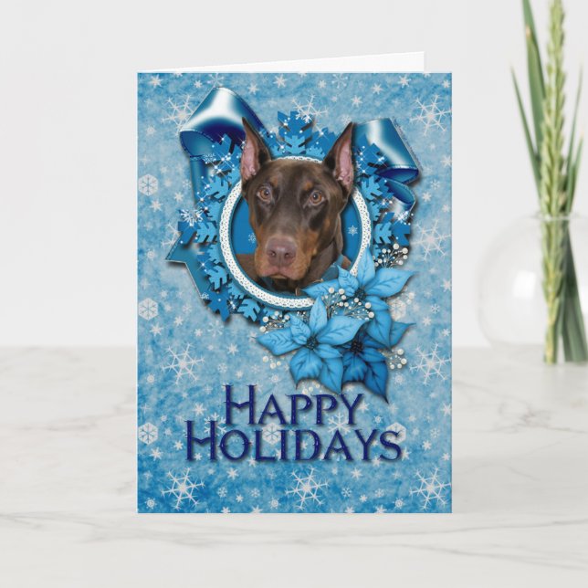 Christmas - Blue Snowflake - Doberman - Rocky Holiday Card (Front)