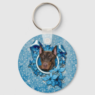 Christmas - Blue Snowflake - Doberman - Rocky Key Ring
