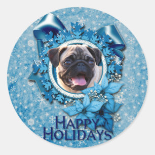 Christmas - Blue Snowflake - Pug Classic Round Sticker