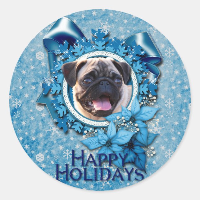 Christmas - Blue Snowflake - Pug Classic Round Sticker (Front)