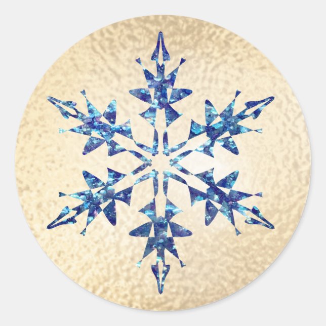 Christmas Blue Snowflake Sparkle Gold Classic Round Sticker (Front)