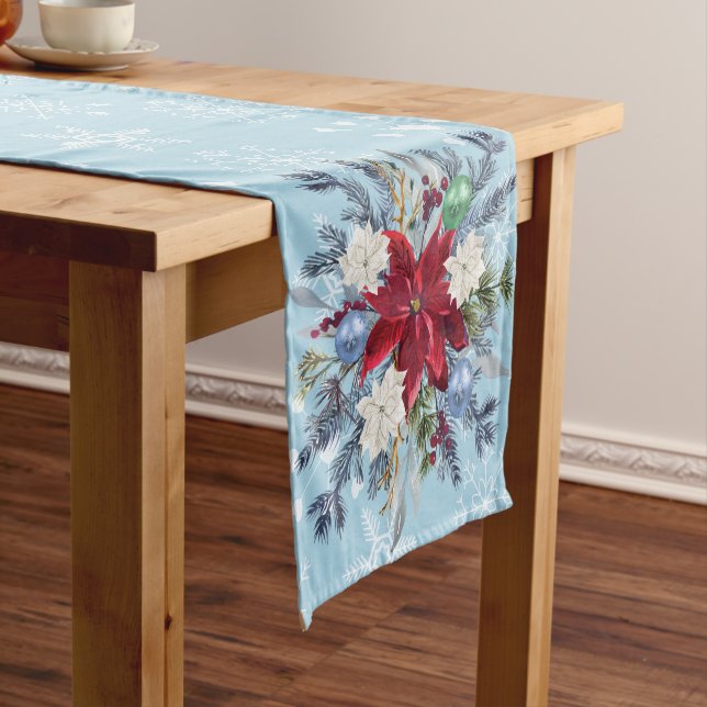 Christmas Blue Snowflake Watercolor Poinsettia Short Table Runner (In Situ)
