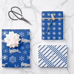 Christmas Blue Snowflakes and Bunnies Wrapping Paper Sheet