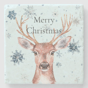 Christmas Blue Snowflakes Deer Stone Coaster