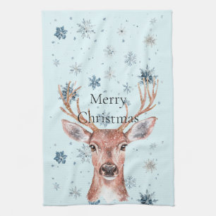 Christmas Blue Snowflakes Deer  Tea Towel