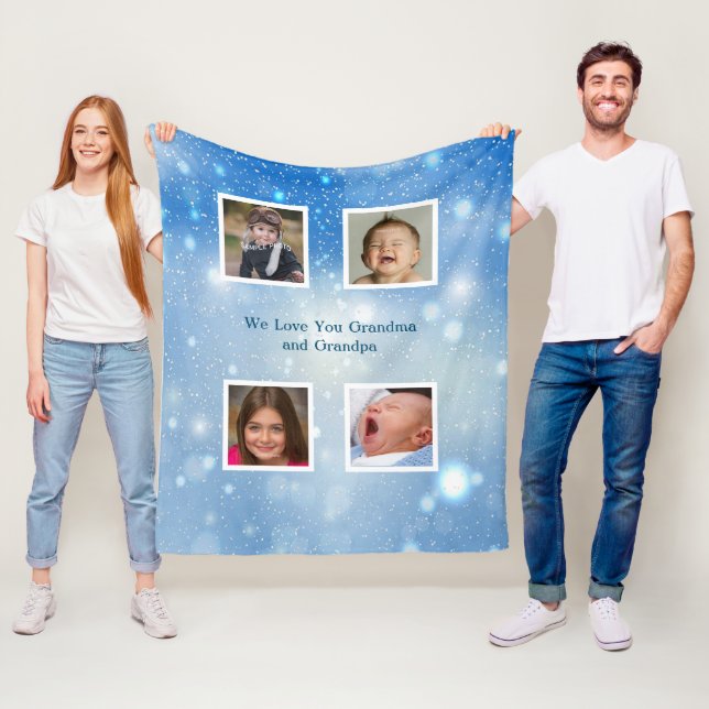 Christmas Blue Snowflakes Grandma Grandpa Photos Fleece Blanket (In Situ)