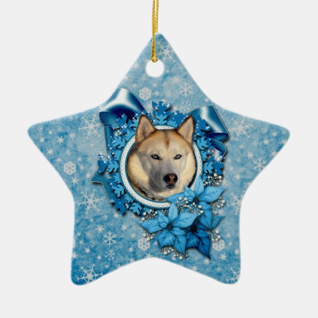 Christmas - Blue Snowflakes - Siberian Husky Ceramic Ornament (Front)
