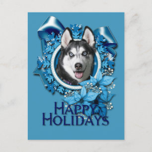 Christmas - Blue Snowflakes - Siberian Husky Holiday Postcard