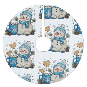 Christmas Blue Snowman Winter Hot Cocoa Pinecones Brushed Polyester Tree Skirt