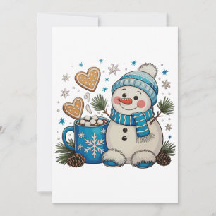 Christmas Blue Snowman Winter Hot Cocoa Pinecones Holiday Card