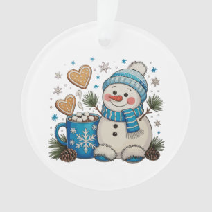 Christmas Blue Snowman Winter Hot Cocoa Pinecones Ornament