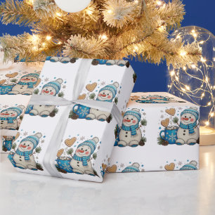 Christmas Blue Snowman Winter Hot Cocoa Pinecones Wrapping Paper