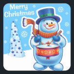 Christmas blue square sticker Snowman drummer.<br><div class="desc">Christmas bright blue square sticker Snowman drummer. and other Snowfolk. Winter Wonderland snowmen. Loveable wintery snowmen and snowgirl characters playing their instruments in a Christmas band. Also check out the matching loveable wintery characters with skating penguins, sledging snowgirls, skiing snowmen and skating snowmen : ) A lovely illustrated original sticker...</div>