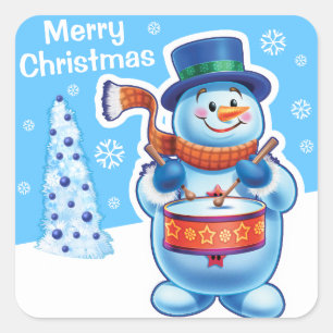 Christmas blue square sticker Snowman drummer.