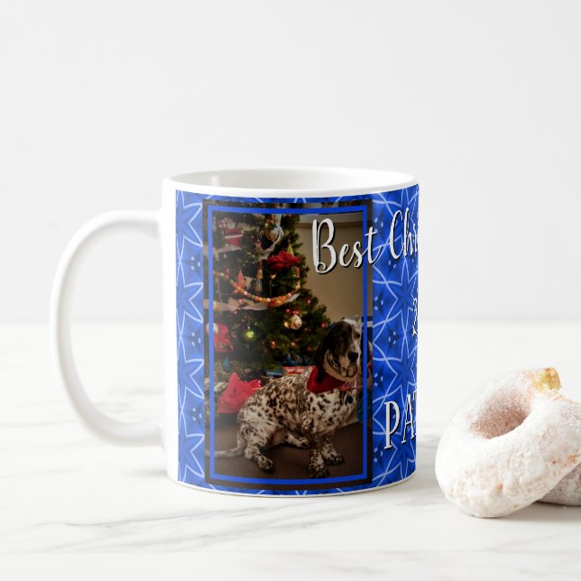 Christmas Blue Star Pattern Personalised Pet Photo Coffee Mug (With Donut)