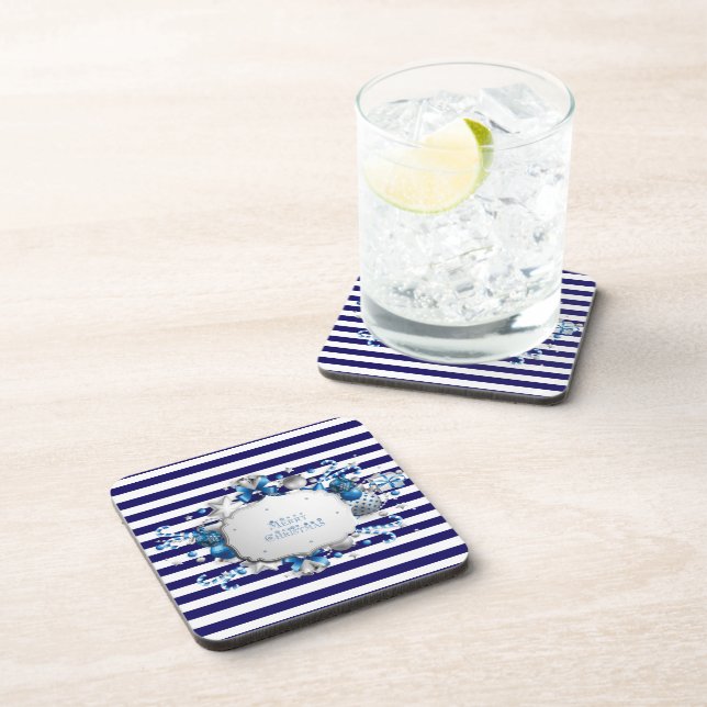 Christmas Blue Striped Beverage Coaster (Right Side)