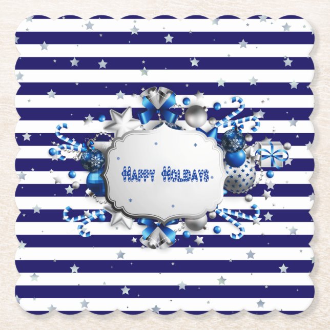 Christmas Blue Striped Paper Coaster (Front)