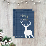 Christmas Blue Tartan And Deer Foil Holiday Card<br><div class="desc">A stylish modern photo holiday gold foil greeting card with your surname.
Elegant Blue Tartan,  With White,  and Gold.</div>
