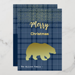 Christmas Blue Tartan And Golden Bear Foil Holiday Card