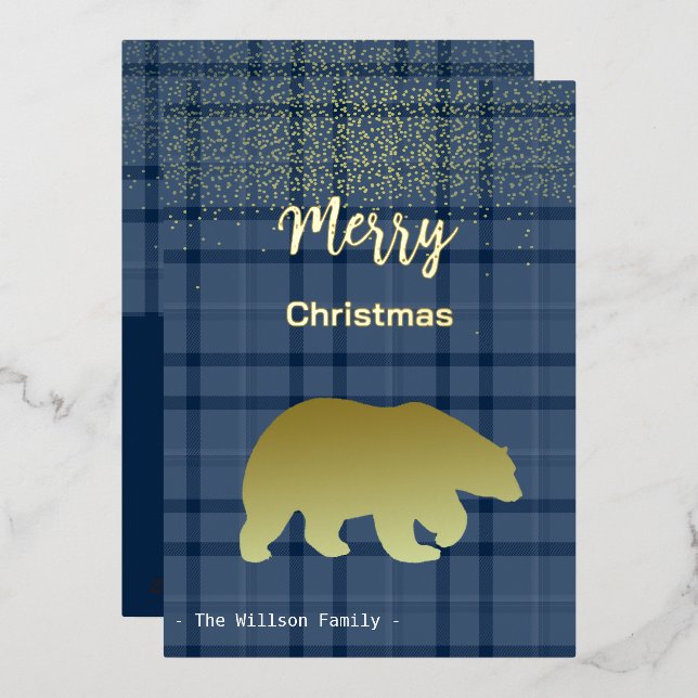 Christmas Blue Tartan And Golden Bear Foil Holiday Card (Front/Back)