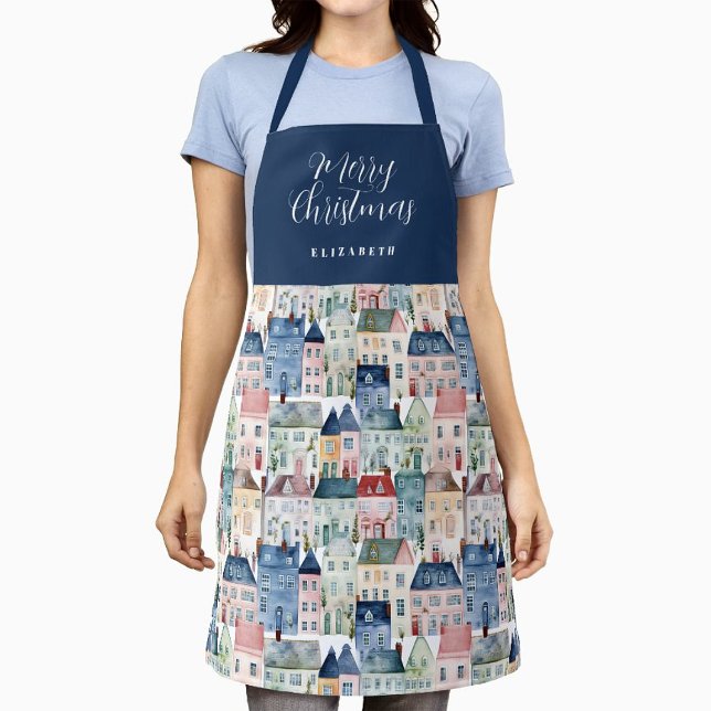 Christmas Blue Watercolor Colourful Houses Holiday Apron (Creator Uploaded)