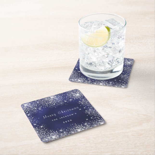 Christmas blue white glitter dust silver square paper coaster (Insitu)