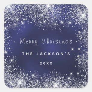 Christmas blue white glitter dust silver square sticker