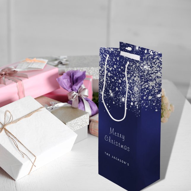 Christmas blue white glitter dust silver wine gift bag (Creator Uploaded)