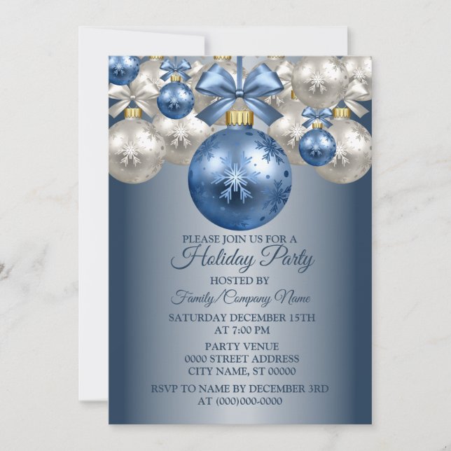Christmas Blue White Ornaments Holidays Party Invitation (Front)