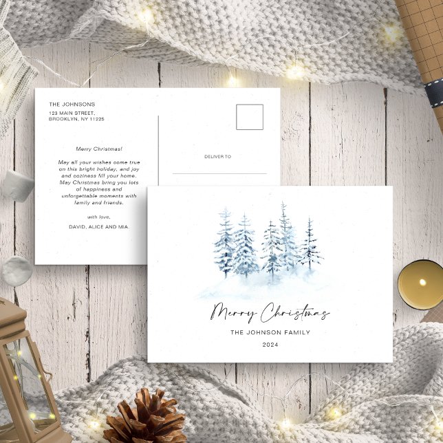 Christmas Blue Winter Forest Rustic Landscape Postcard (Creator Uploaded)