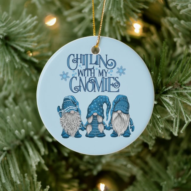 Christmas Blue Winter Trio Chillin With My Gnomies Ceramic Ornament (Tree)