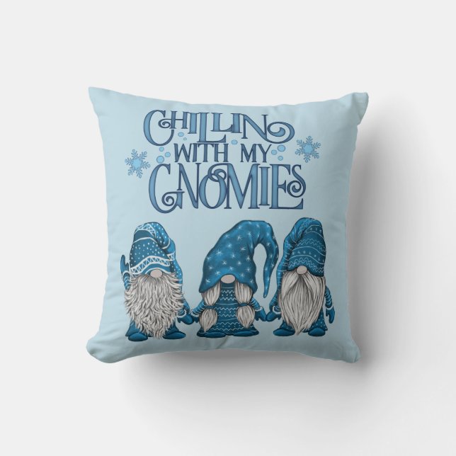 Christmas Blue Winter Trio Chillin With My Gnomies Cushion (Front)