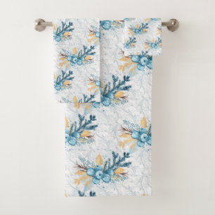 Christmas Blue Winterberries and Silver Filigree Bath Towel Set
