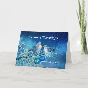 Christmas Bluebirds Tweeting in a Snowy Tree Holiday Card