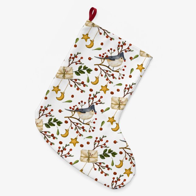 Christmas Bluejay Large Christmas Stocking (Front (Hanging))